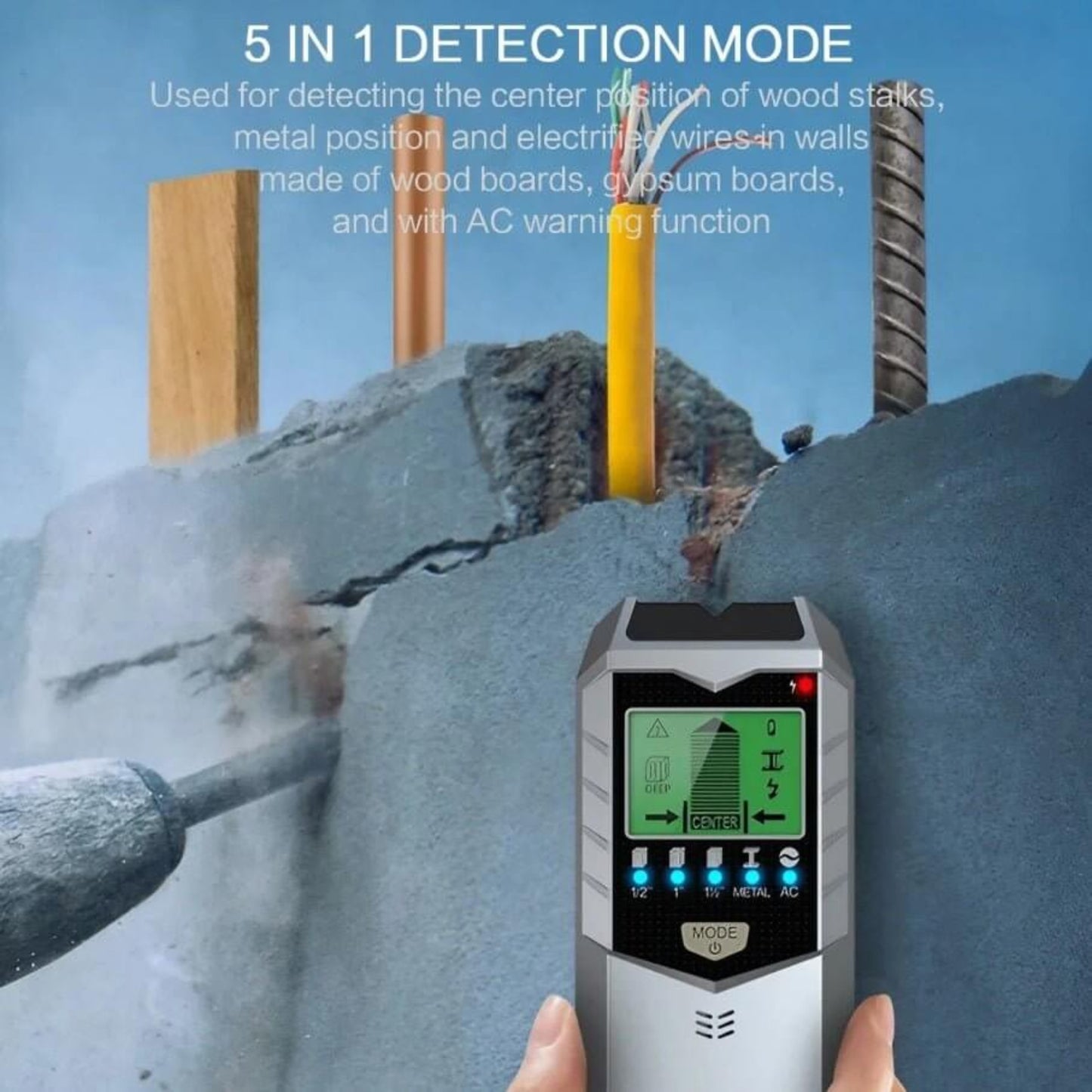 The 5-in-1 detection modes feature for locating wood, metal, electrified wires, and AC warning function.