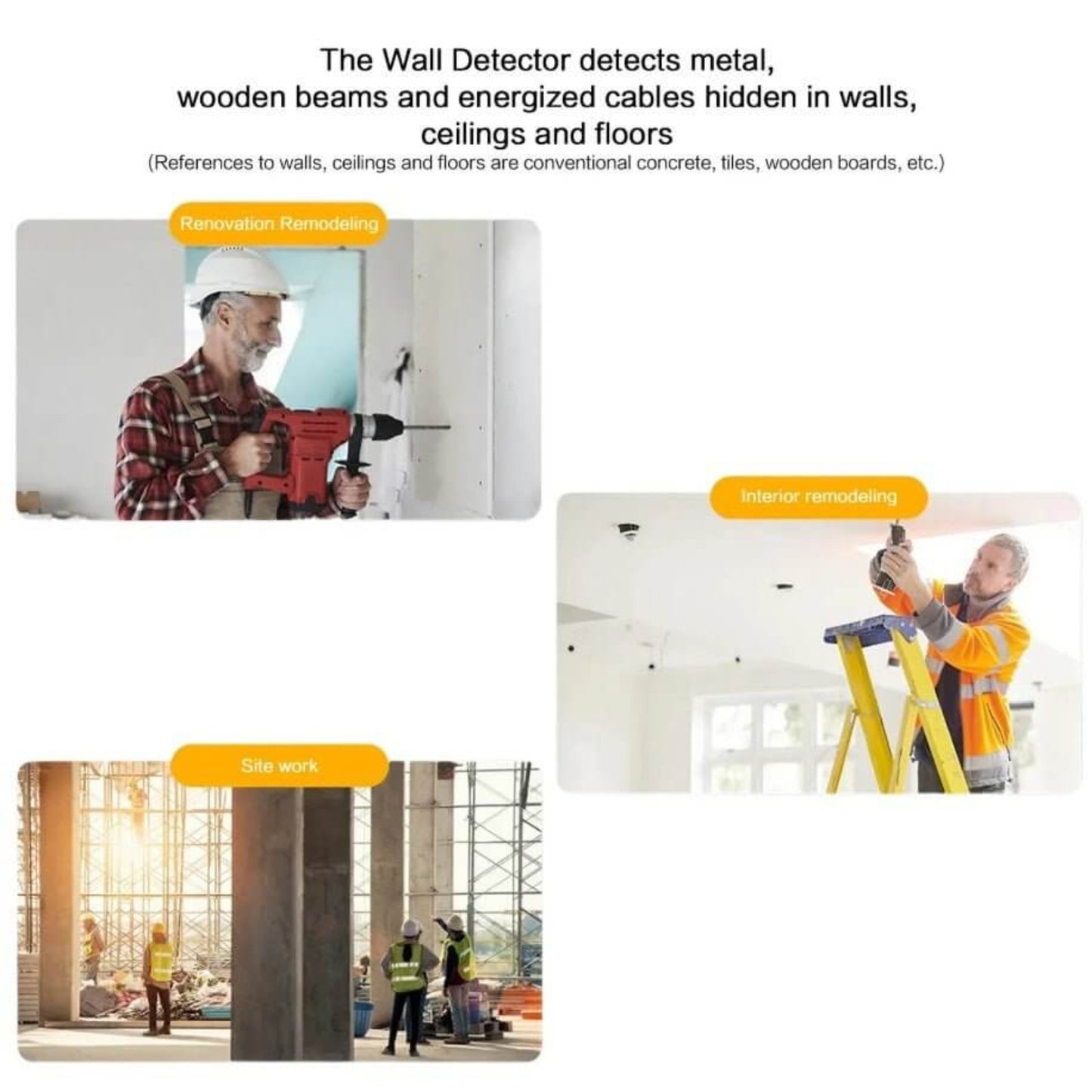 Wall detector application in interior remodeling, renovation, and construction site work for safety.