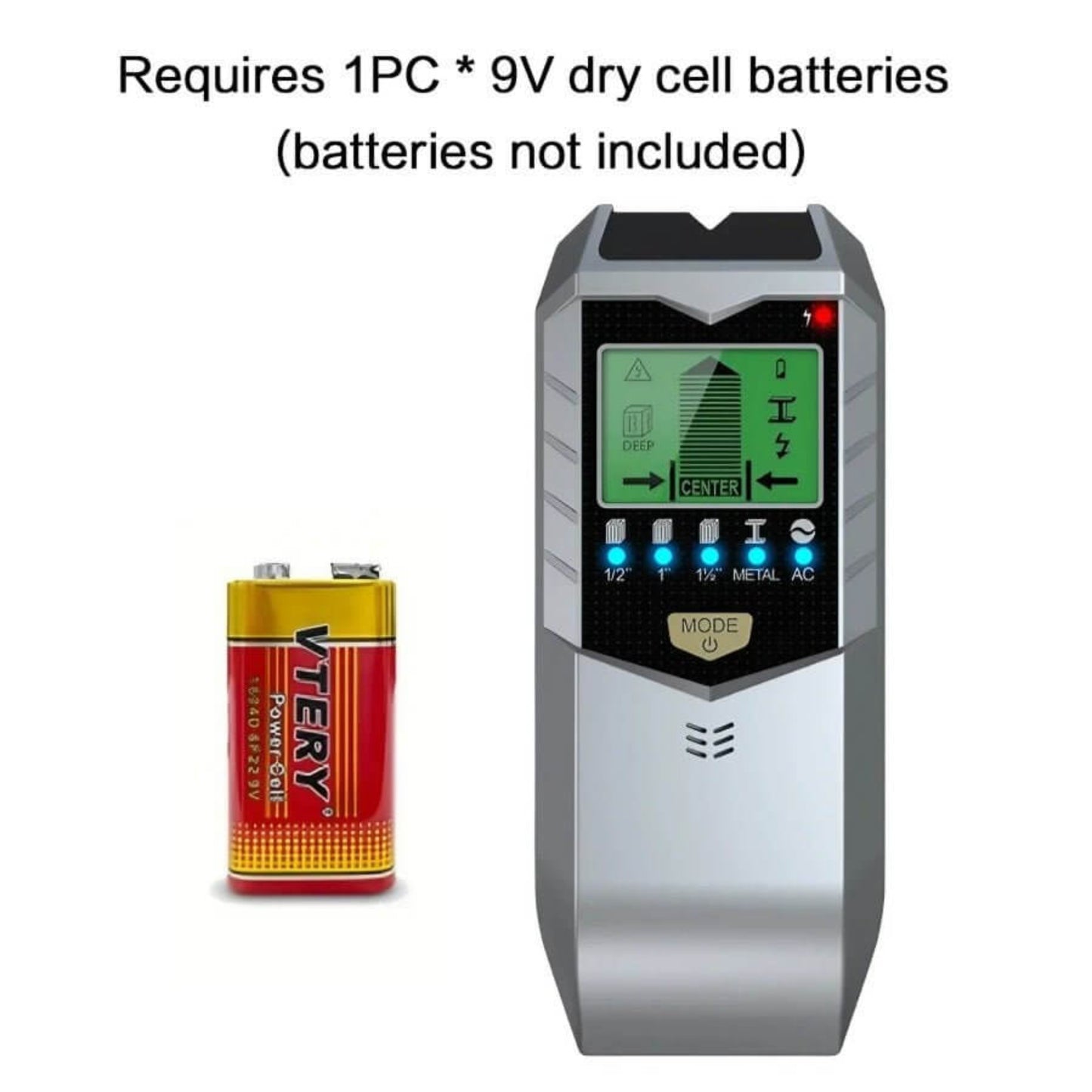 The 5-in-1 stud detector requires one 9V dry cell battery (not included).