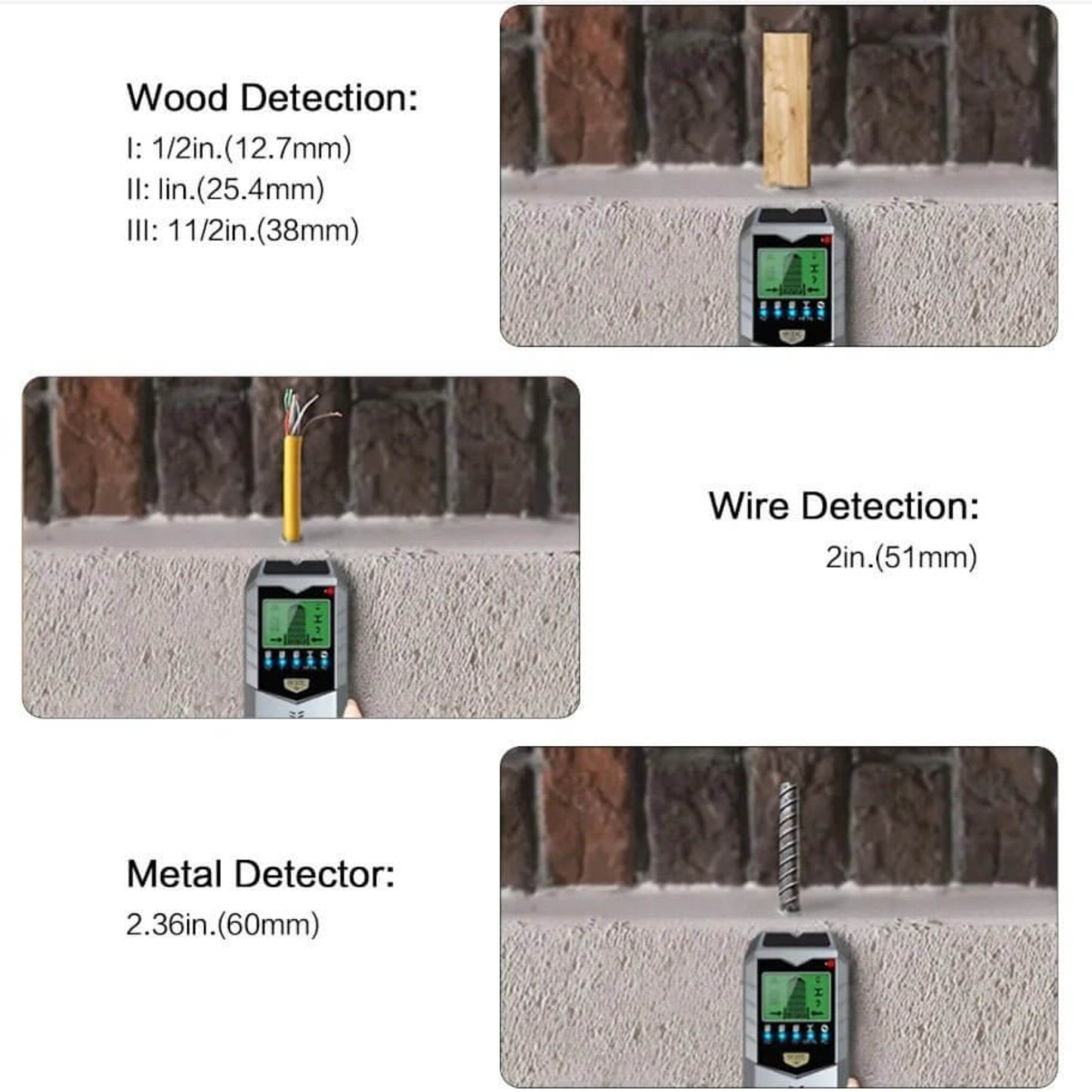 Detection depth of the multi-scanner: wood (38mm), wire (51mm), and metal (60mm) shown in detail.