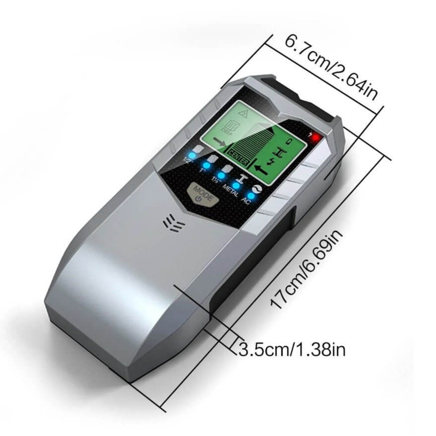 Dimensions and specifications for the handheld 5-in-1 wall scanner: approx. 17cm (6.69in) long.