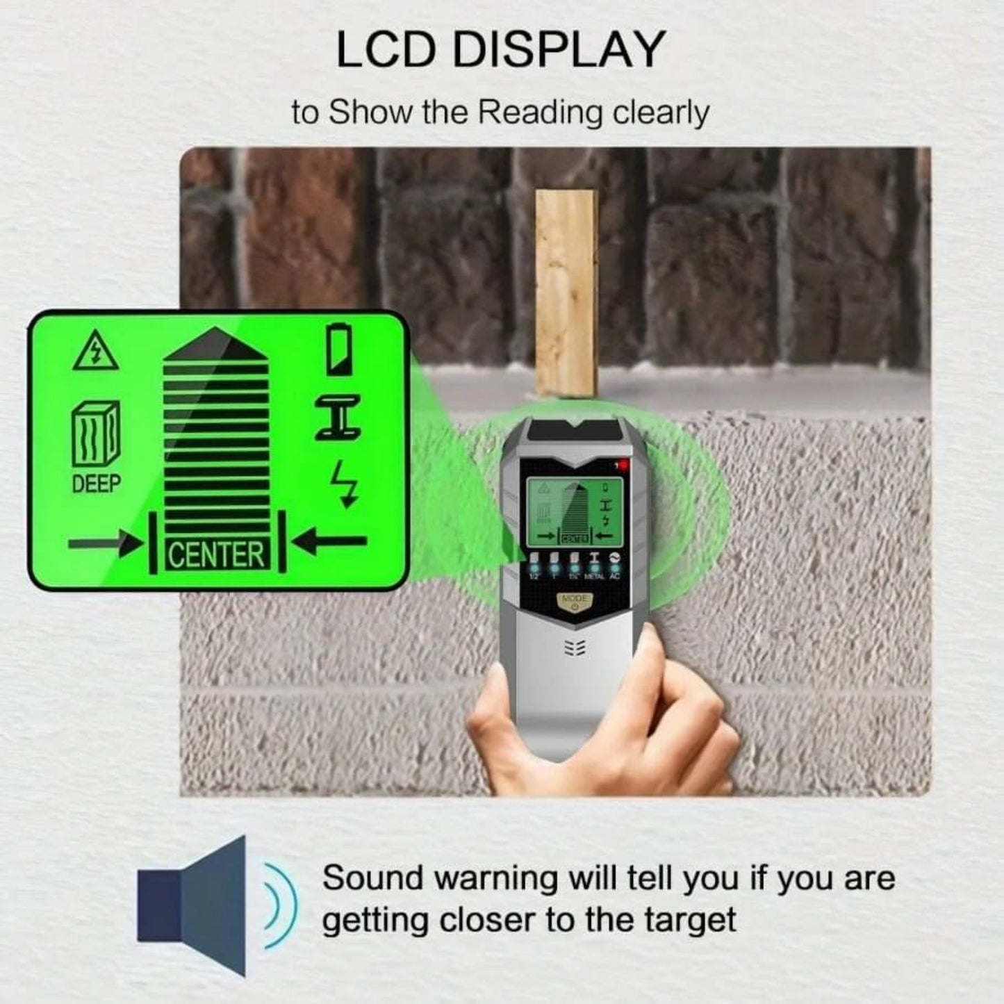 Wall stud finder with LCD display and sound warning to clearly show the target's location (e.g., wood stud).