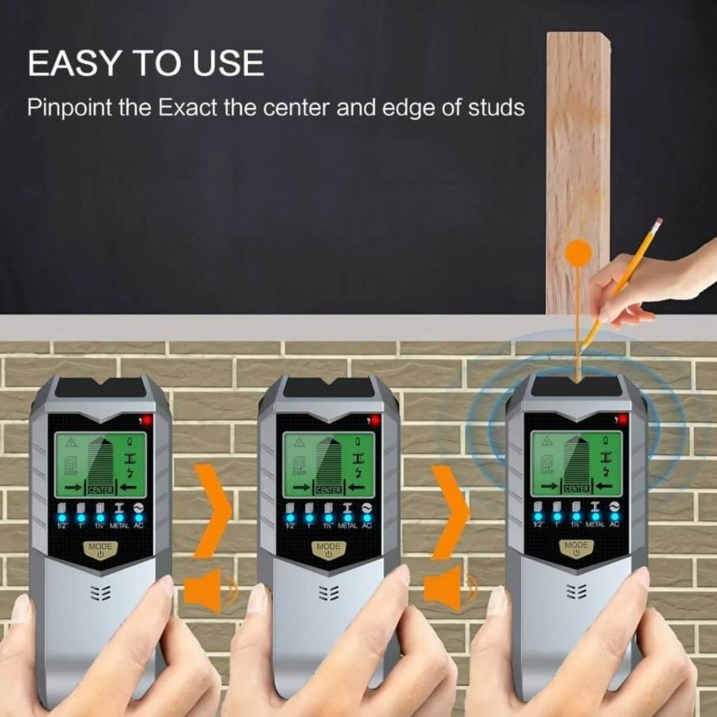 Demo of the wall detector pinpointing the exact center and edge of a wood stud for marking.