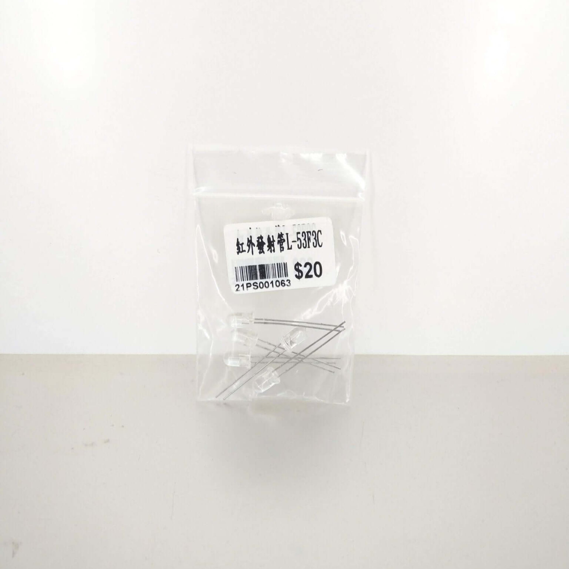 5pcs 940nm infrared emitter LED diodes in a clear bag, labeled L-53F3C, priced at $20, showcasing small electronic components.