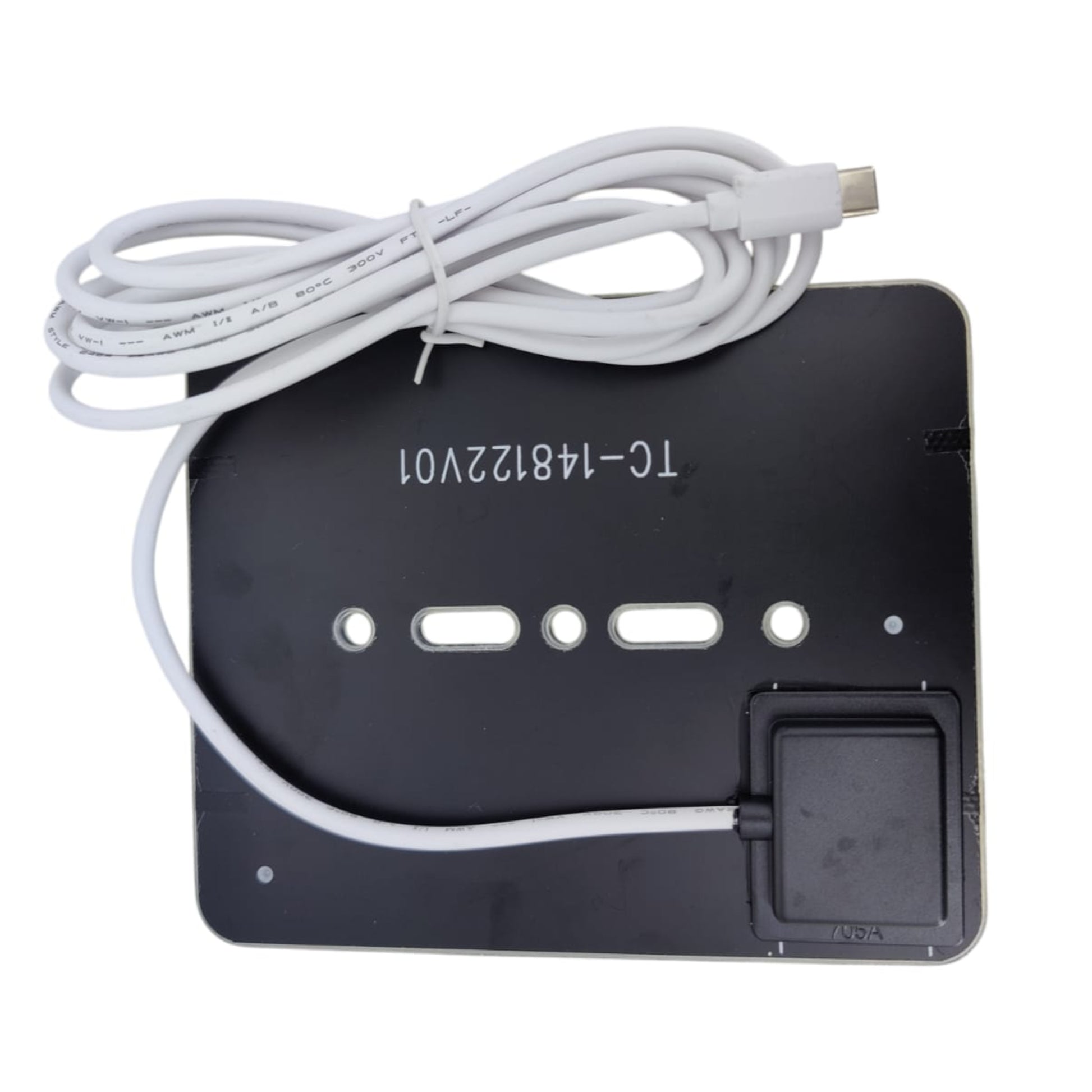 Back view of a miniature solar panel charger with Type-C output and cable for portable energy solutions.