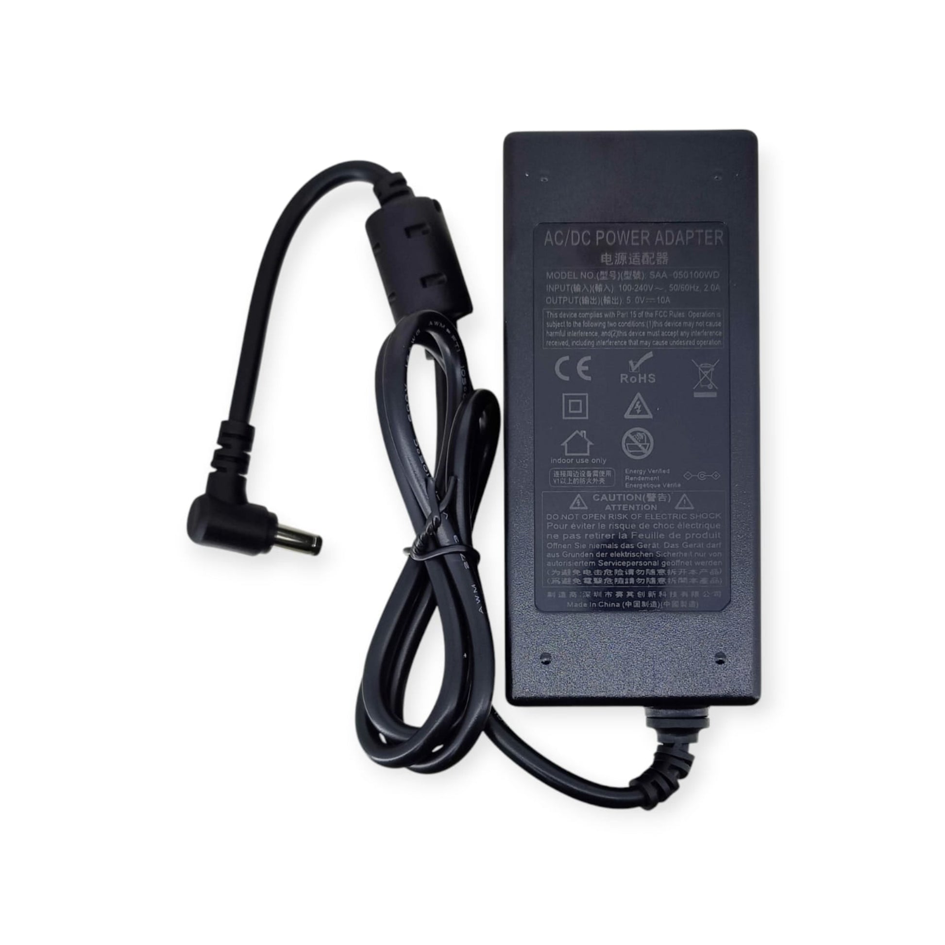 Specification label for 5V 10A 50W AC/DC power adapter, model XED-050100WD.