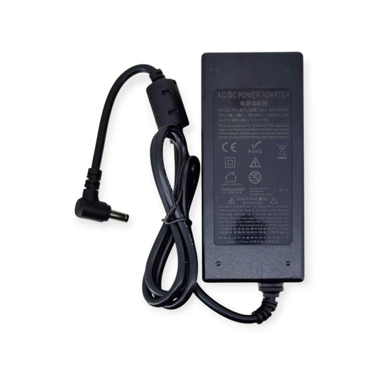 Specification label for 5V 10A 50W AC/DC power adapter, model XED-050100WD.