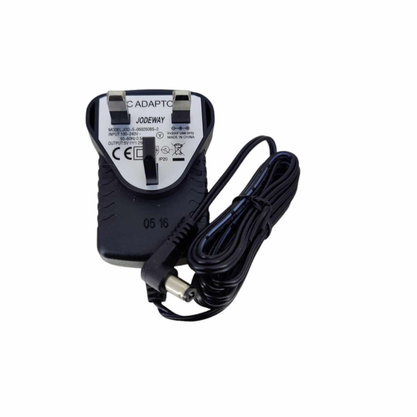 5V 2.5A Universal AC/DC Power Adapter with UK plug and 5.5x2.1mm DC output connector.