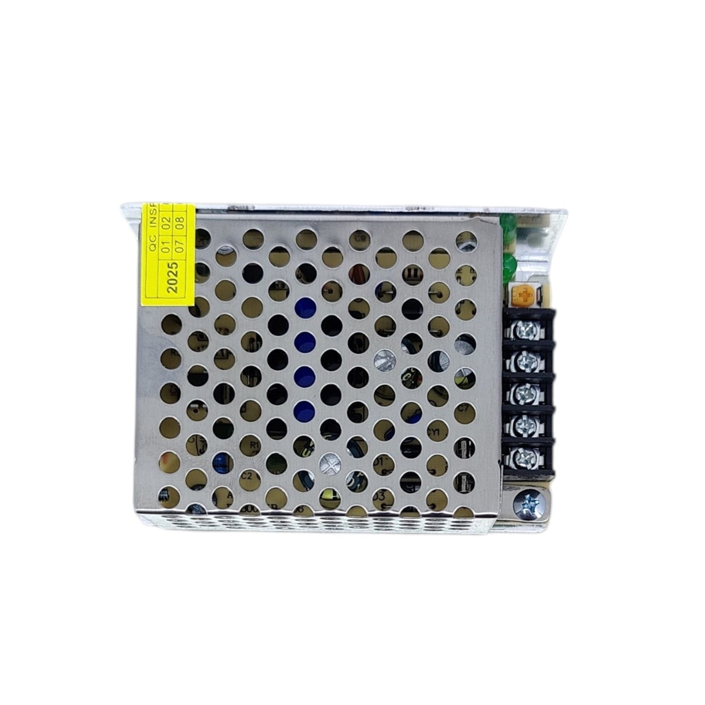 Close up of secure screw terminal blocks on a 5V industrial power supply.