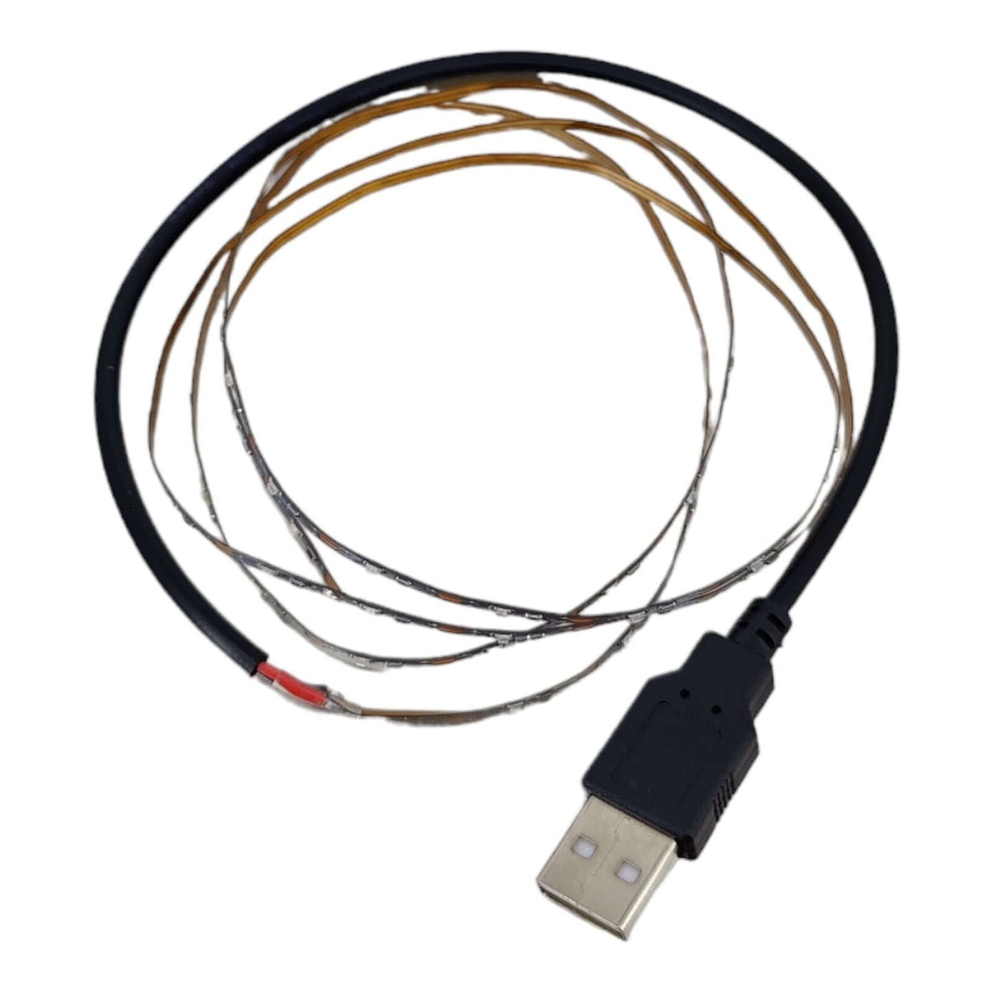 Flexible USB cable with exposed wires for custom electronic projects.