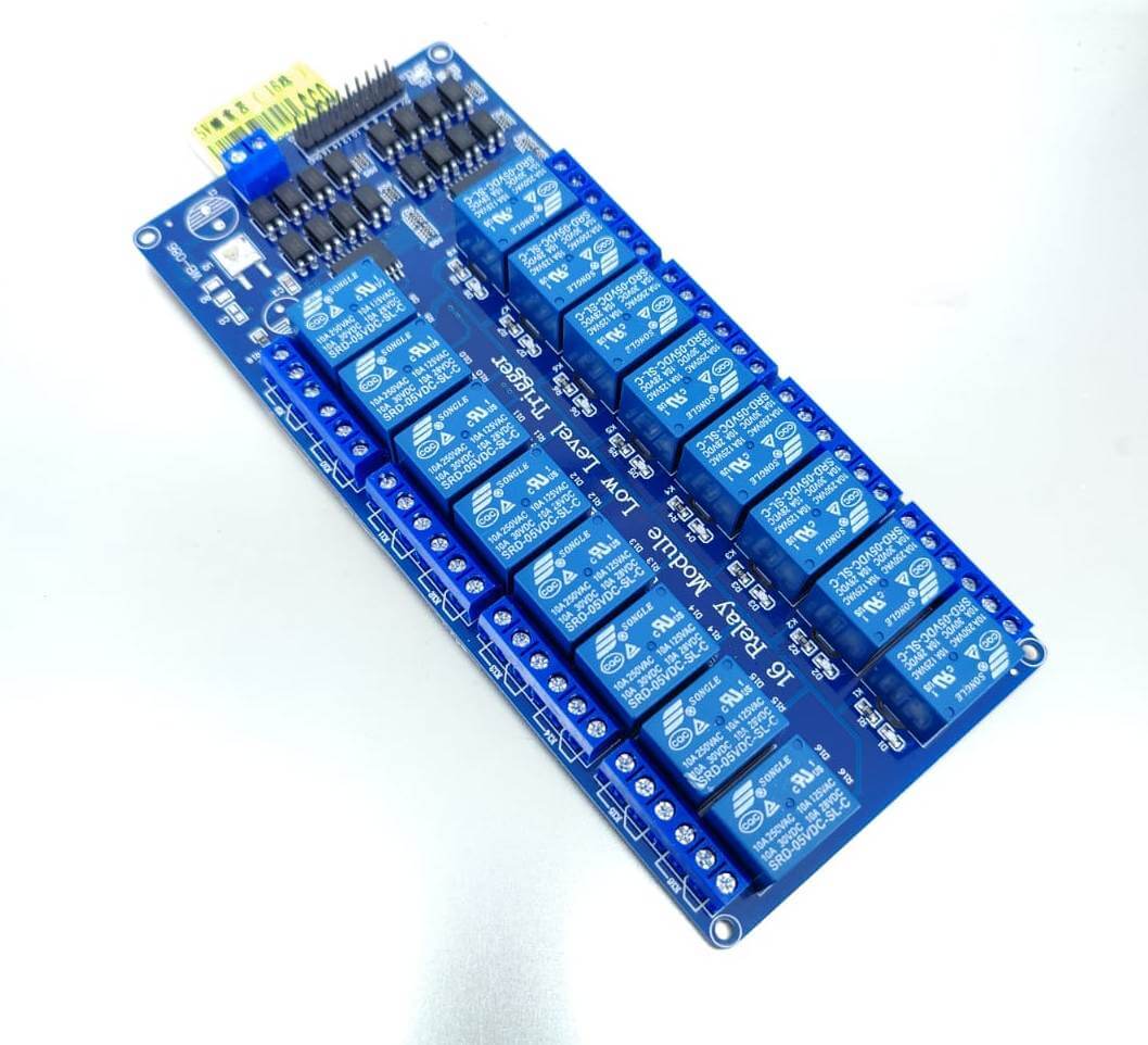 16-channel 5V relay module for Arduino, controlling high-current loads with AC 250V 10A and DC30V 10A.