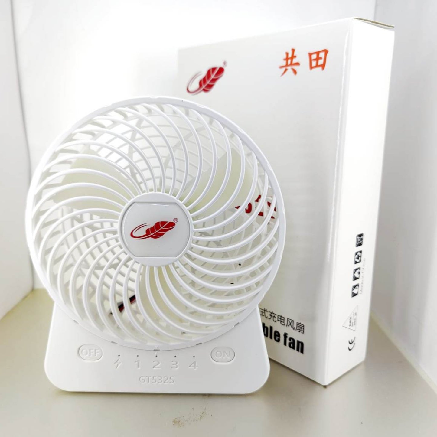 6-inch portable rechargeable fan in white with power bank and speed settings, perfect for home or travel use.