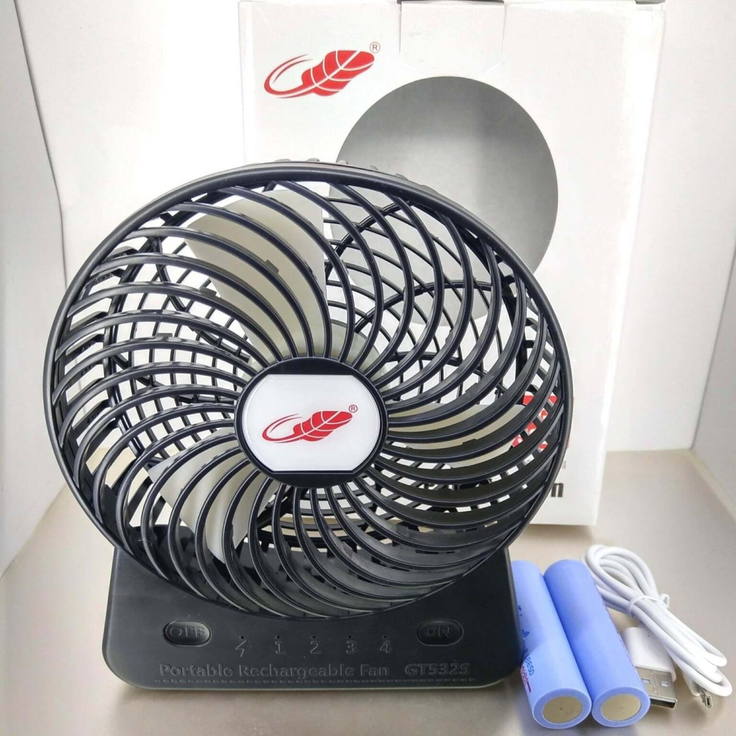 6-inch portable rechargeable fan with 4 speed settings and power bank, perfect for home or on-the-go cooling.