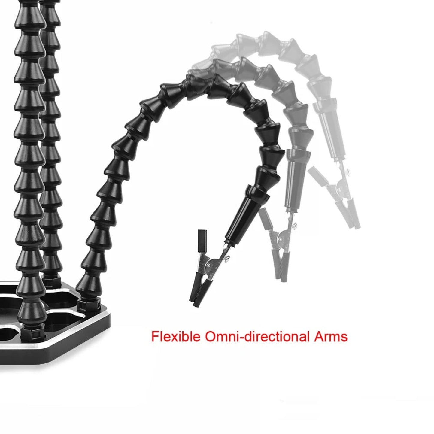 Flexible omni-directional arms of a 6 arm soldering station for precise positioning in DIY and electronics projects.