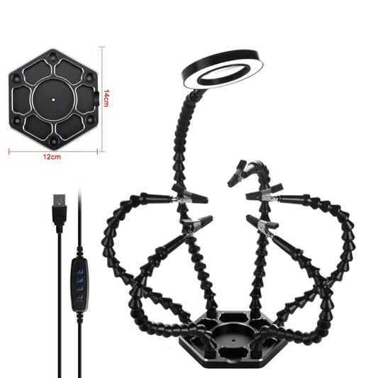 6 Arm soldering station with LED light, flexible PCB holder tool for DIY electronics and welding projects.