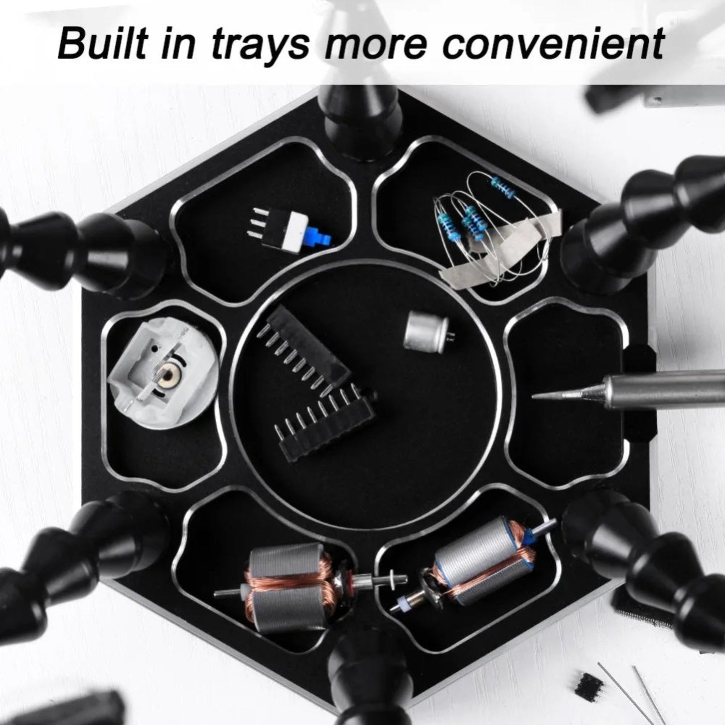 Soldering station with built-in trays for convenient organization of tools and components.