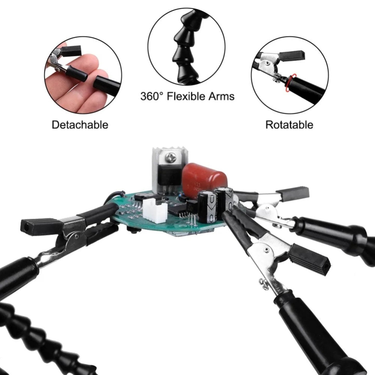 6 arm soldering station with 360-degree flexible arms, detachable clips, and a PCB holder for DIY electronics.