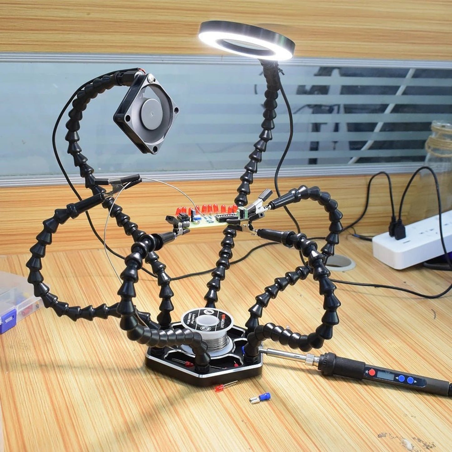 6 arm soldering station with LED light, flexible PCB holder for electronics, DIY projects, and welding.