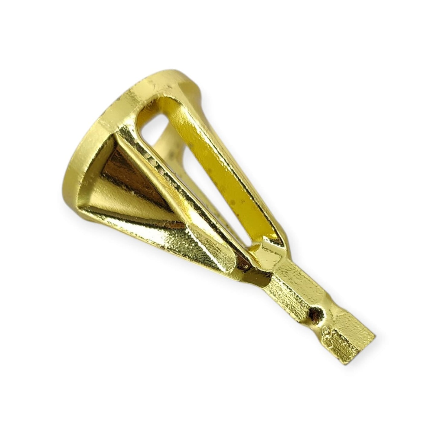 An angled side view of a gold-colored six-flute countersink and deburring drill bit with a hex shank on a white background.