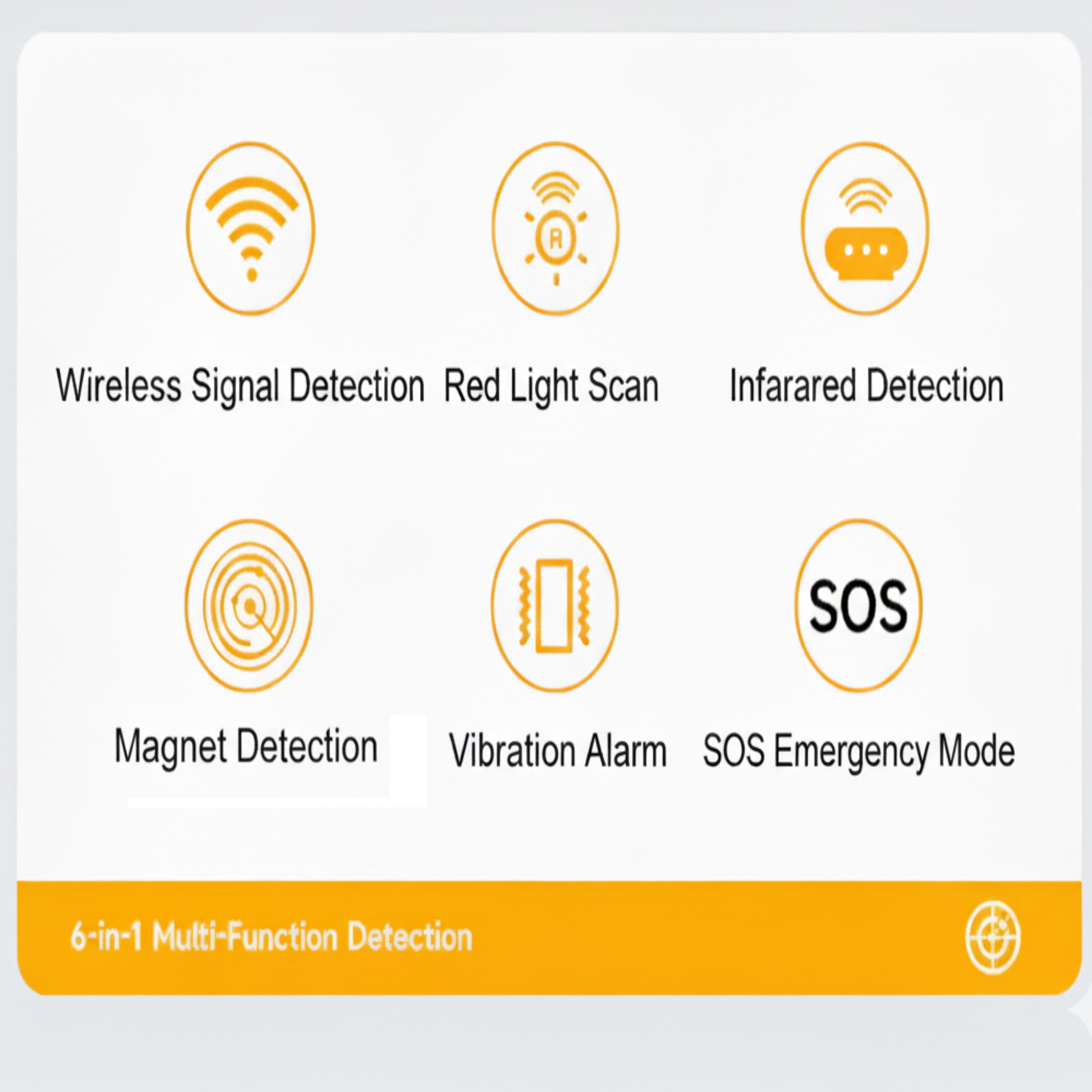 An anti-spy bug detector with 6-in-1 functions: wireless signal, infrared, magnet, and vibration detection.