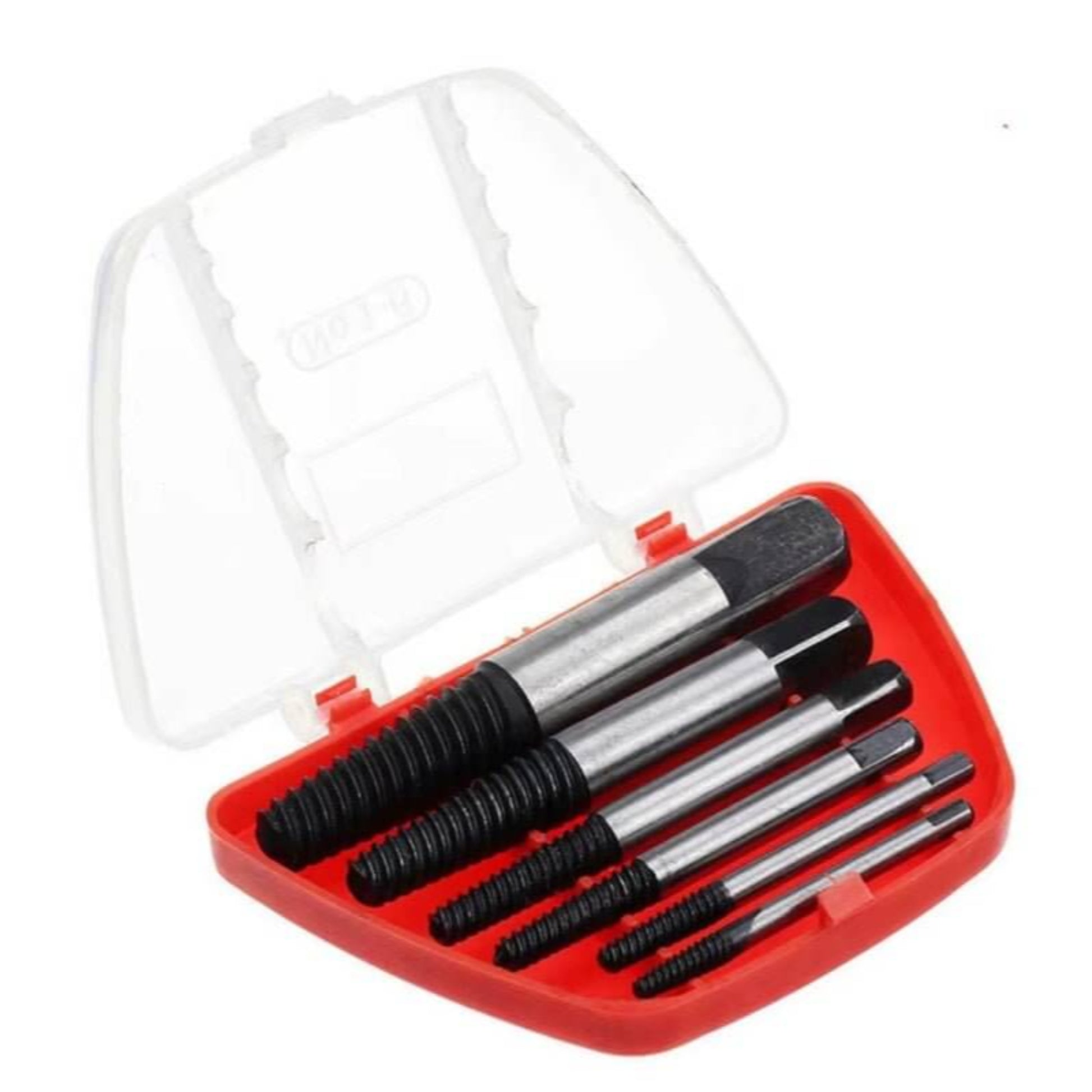 A six-piece screw extractor set contained in a red plastic case for convenient storage and portability, showing the various tool sizes.