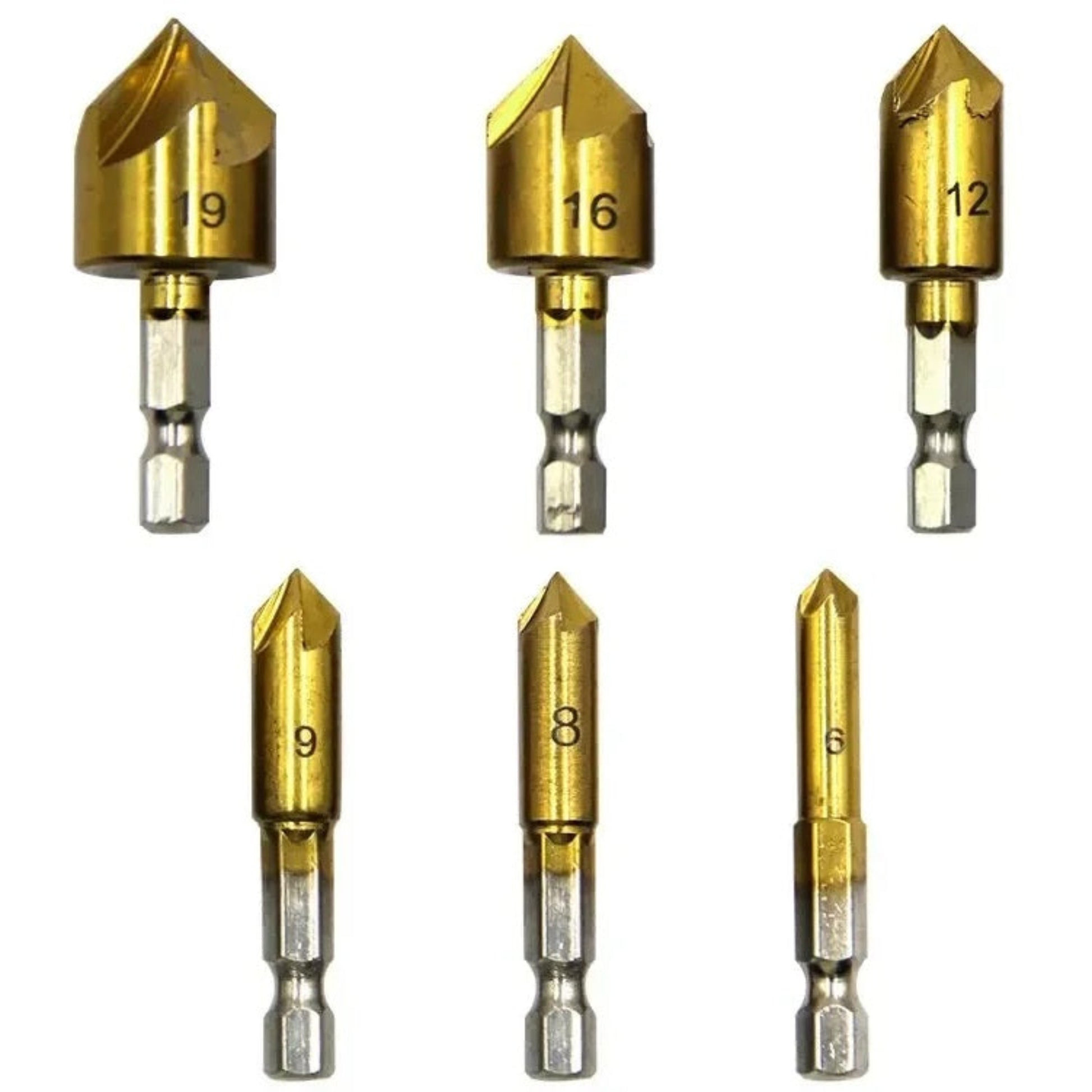 A set of six gold-colored titanium countersink drill bits in varying sizes, arranged in two rows.