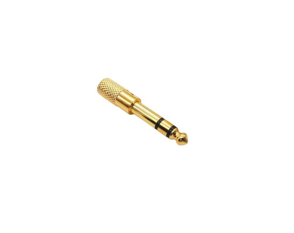 Gold 3.5mm to 6.35mm audio adapter for microphones and headphones, portable and durable design.