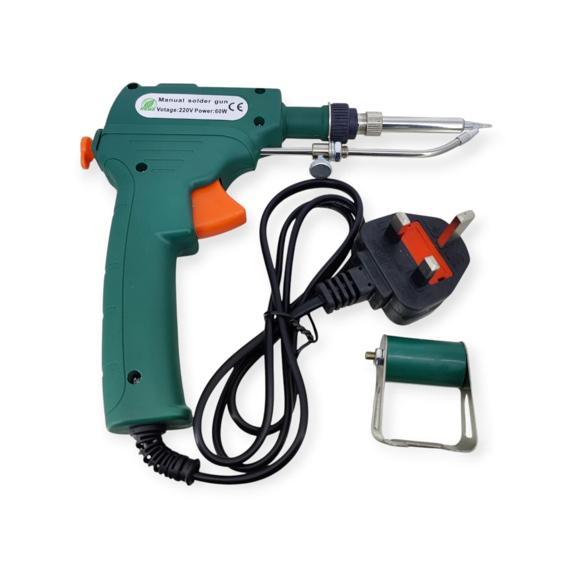 Complete 60W handheld solder gun kit with a UK plug, solder wire holder, and instruction manual, suitable for electronics soldering.