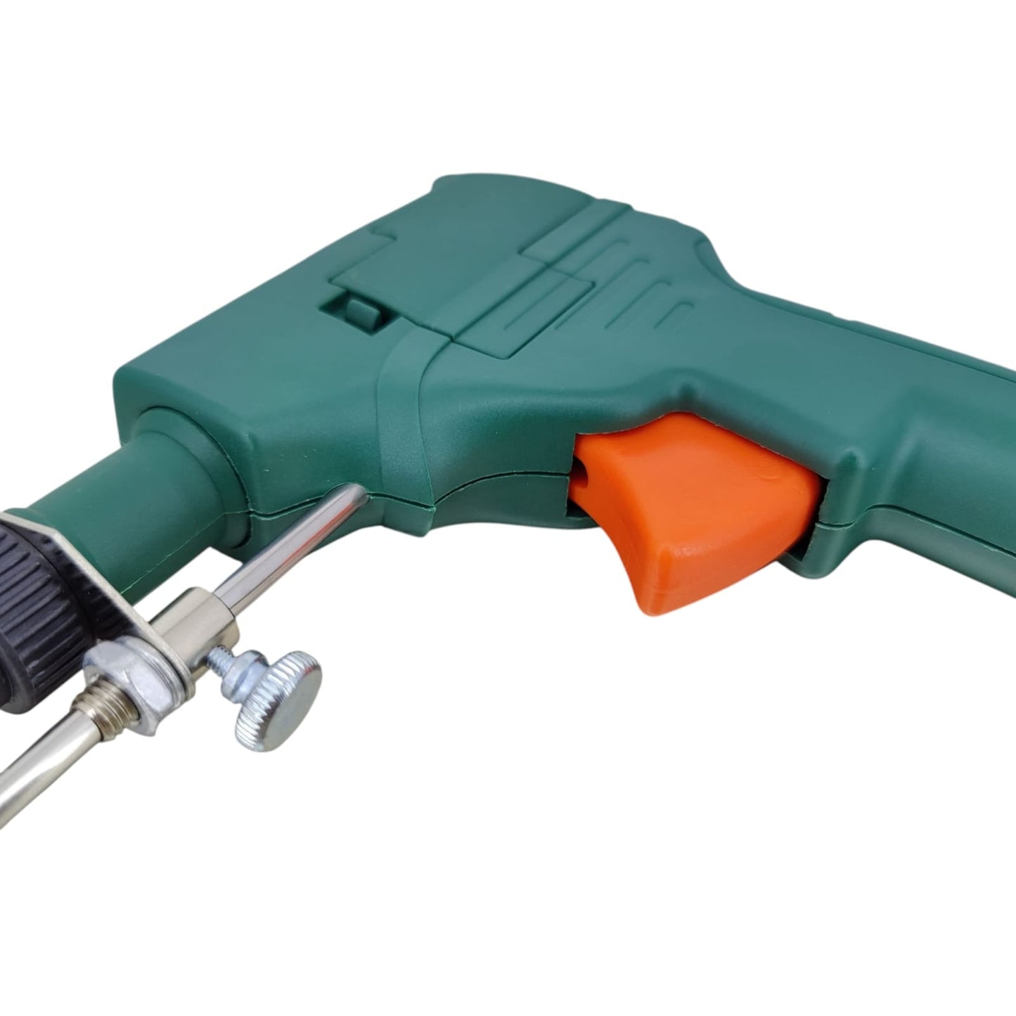 Close-up of the grip and orange trigger on a 60W handheld solder gun, featuring an ergonomic design for easy operation.