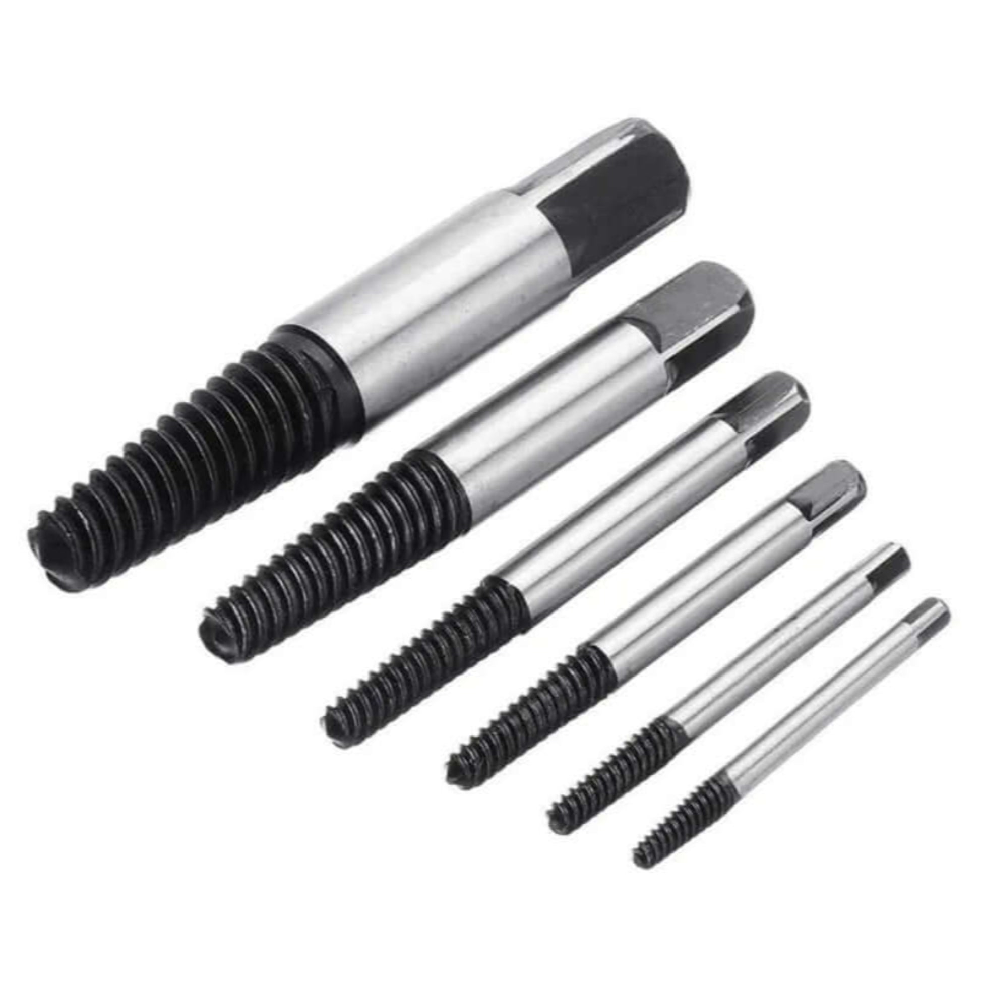 A six-piece set of coarse-threaded screw extractors for removing broken or seized screws and bolts, available in various sizes.