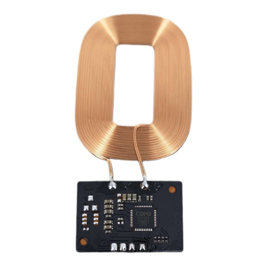 Top-down view of a 7.5W Qi wireless charger receiver module with its copper induction coil cleanly displayed.