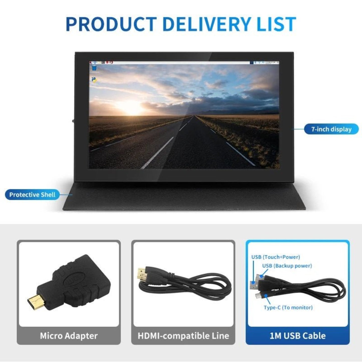 7-inch Raspberry Pi 4 touch LCD screen with protective shell and accessory delivery list including USB cables and adapters.