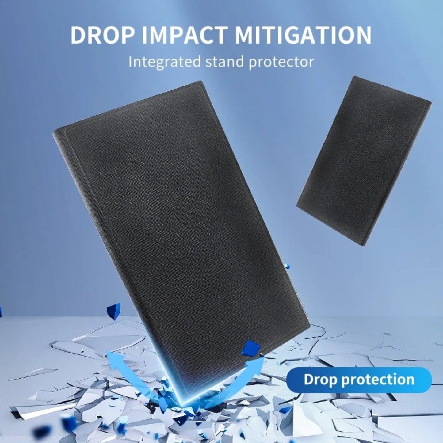 Drop impact mitigation case with integrated stand protector for enhanced drop protection.