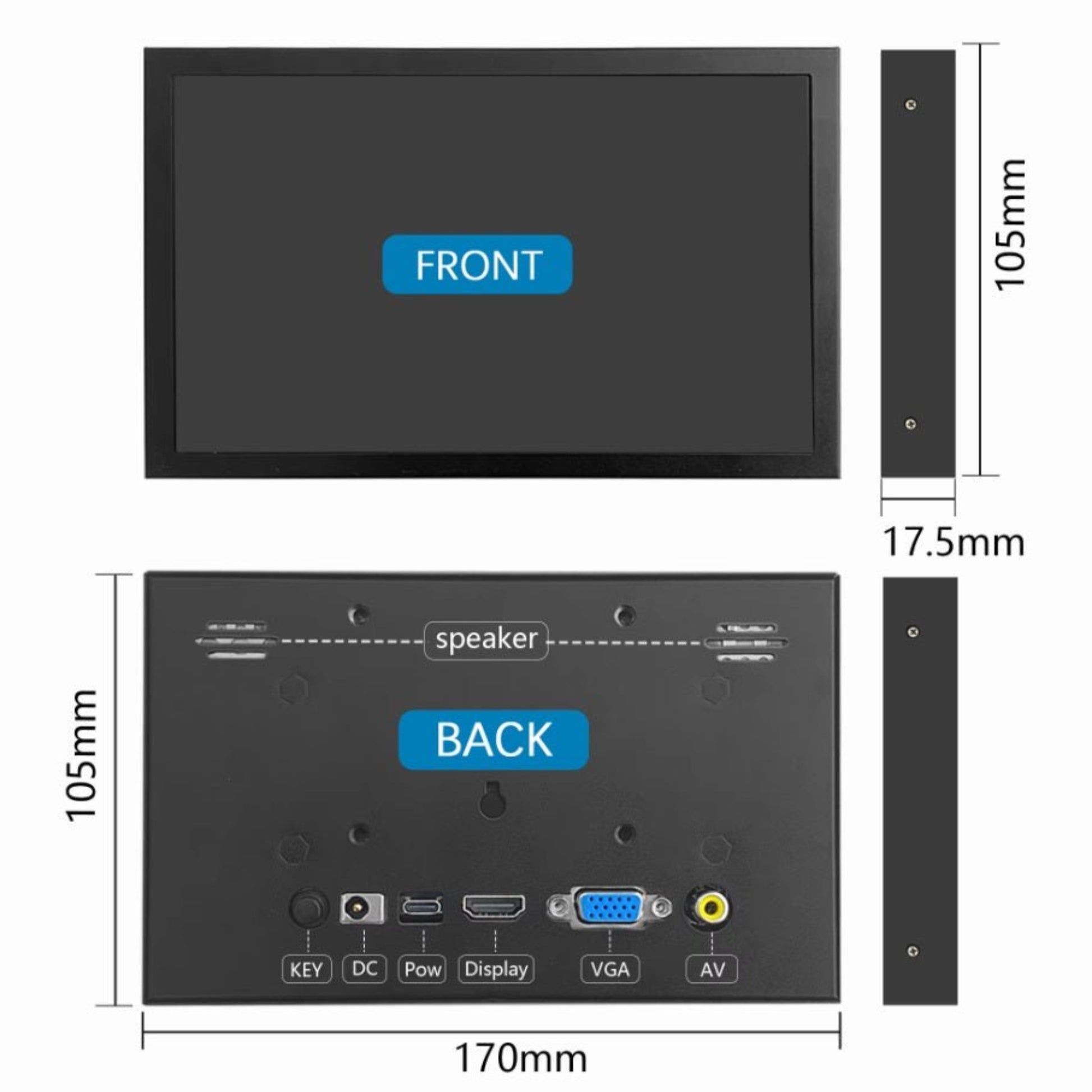Dimensions and inputs of 7 inch HDMI VGA AV monitor, showcasing front and back panel design.