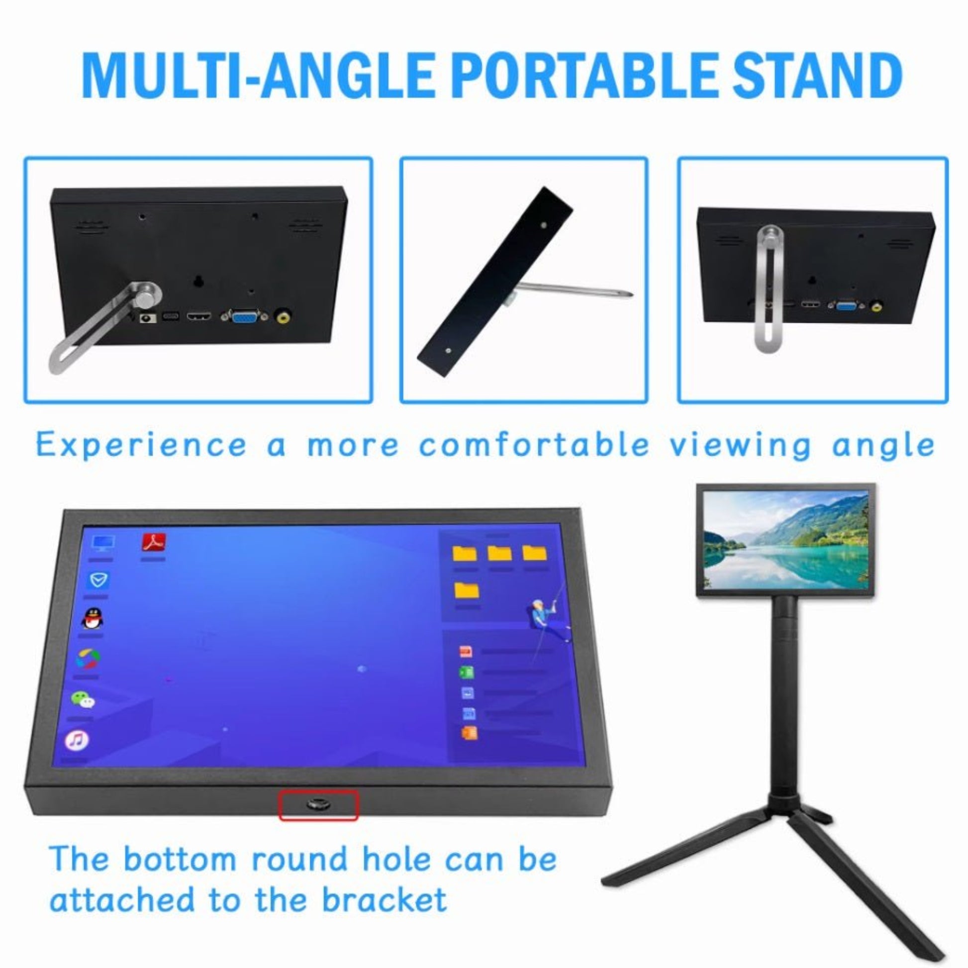 7 inch monitor with multi-angle portable stand, showcasing adjustable viewing options and input ports.