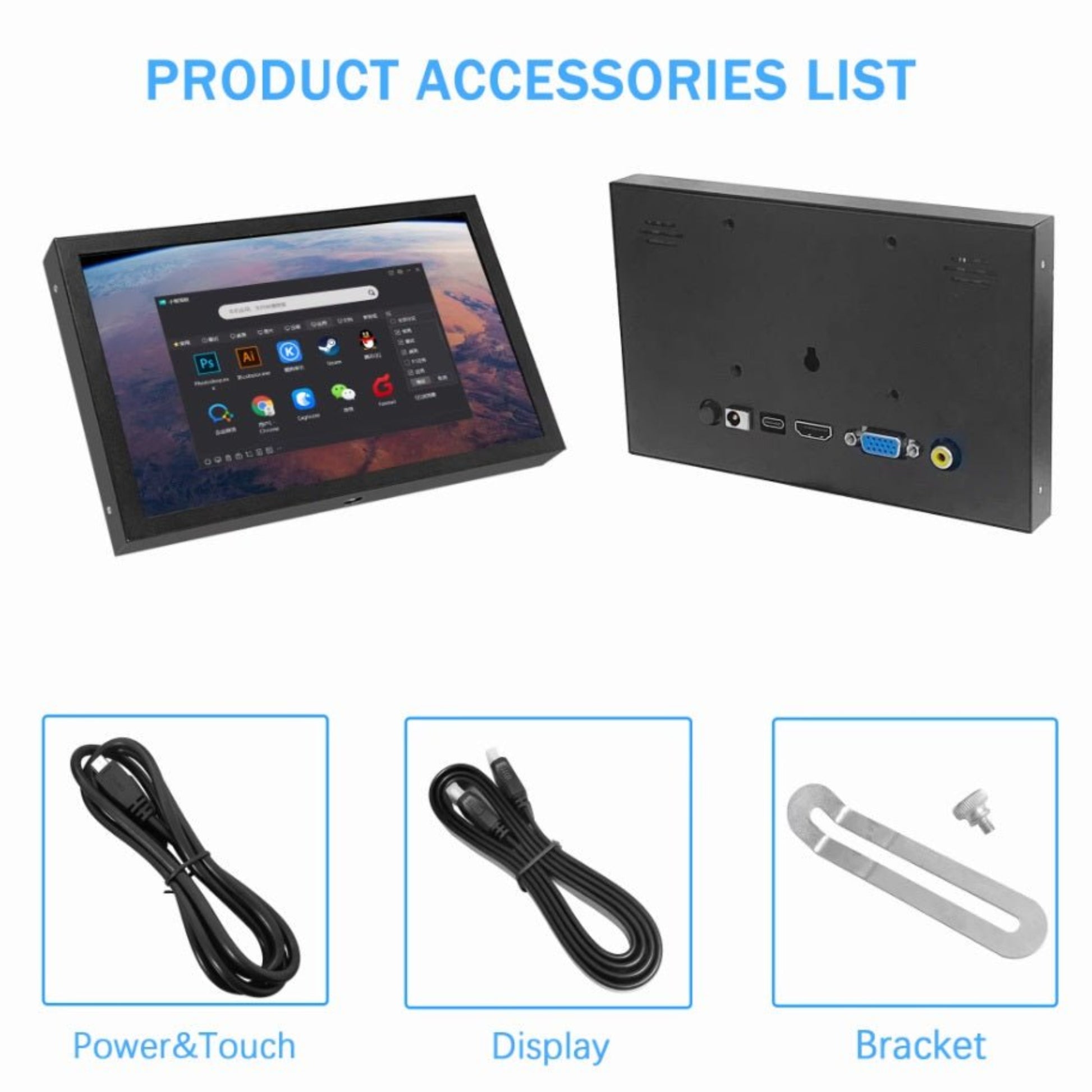 Product accessories list for 7 inch HDMI+VGA+AV monitor, including display, power cable, and bracket.