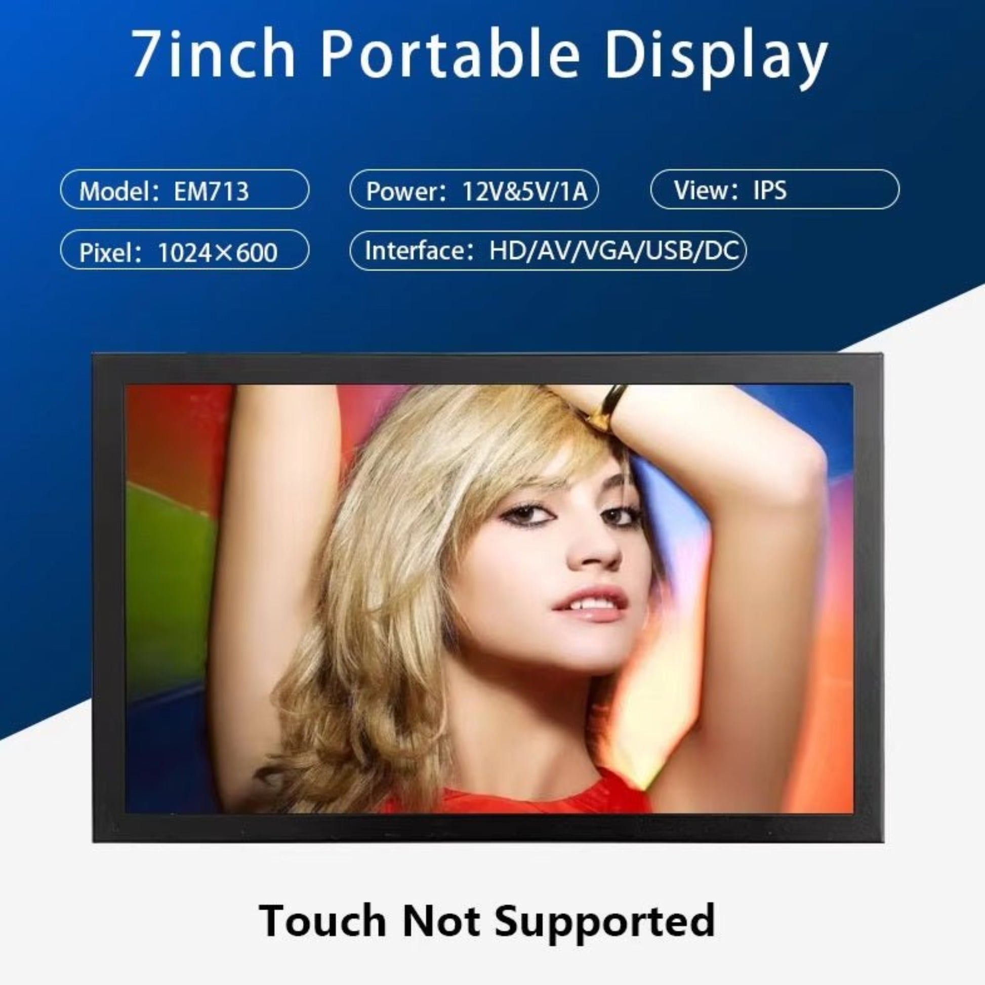 7 inch EM713 portable monitor with HD 1024x600 resolution, features multiple input interfaces.