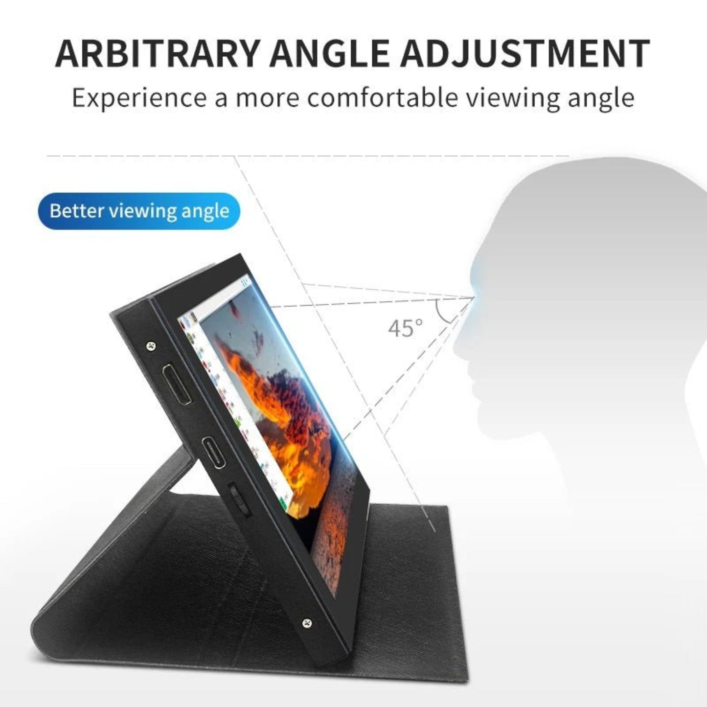 Portable monitor showcasing adjustable angle for better viewing comfort, highlighting flexibility and ergonomic design.