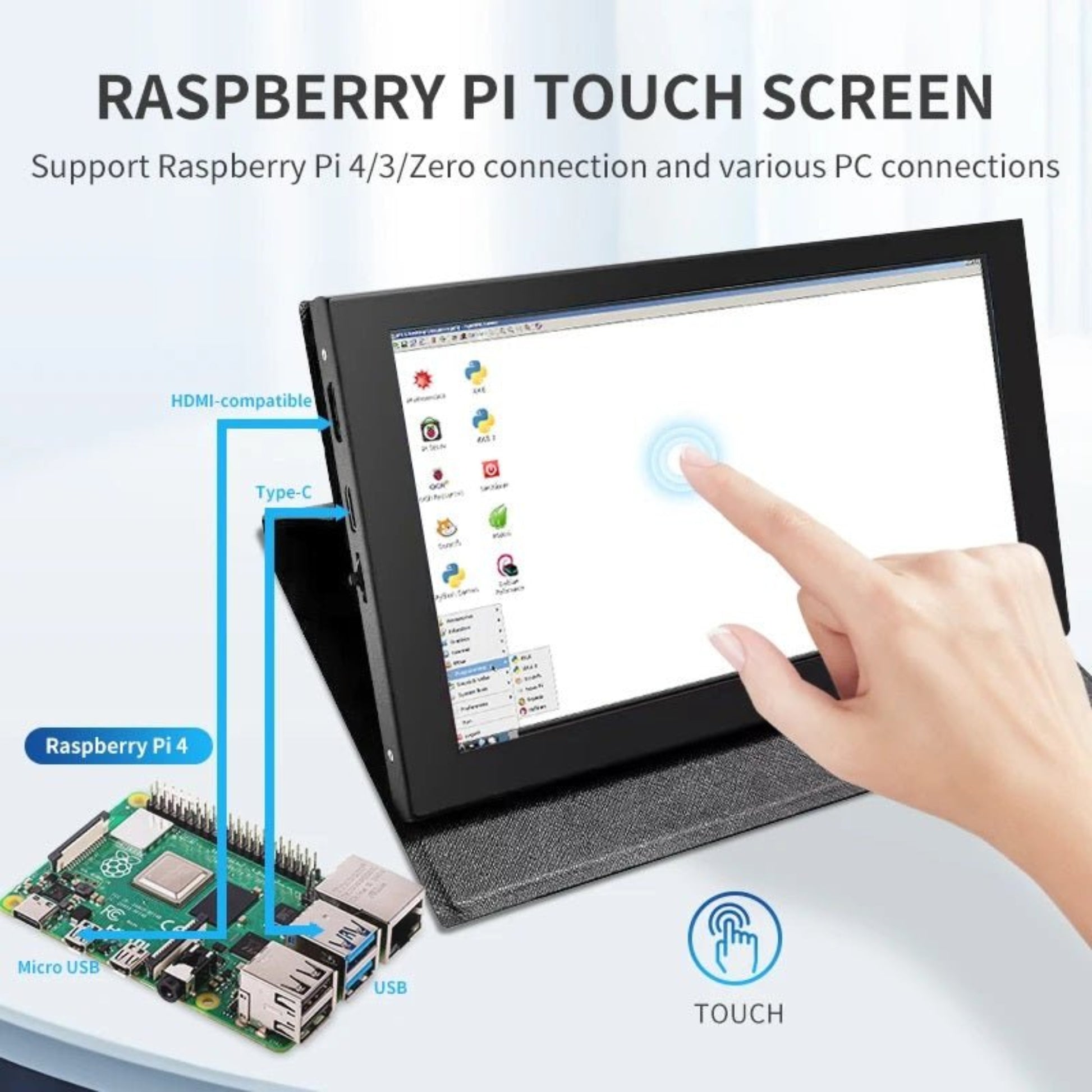 7 inch Raspberry Pi 4 touch screen, showing HDMI and USB connections, illustrating compatibility and touchscreen features.