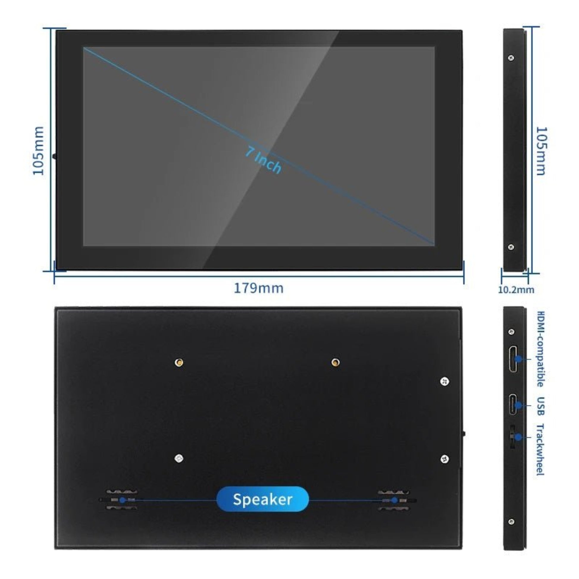 7 inch Raspberry Pi 4 touchscreen LCD display with dimensions, back view, and speaker information.