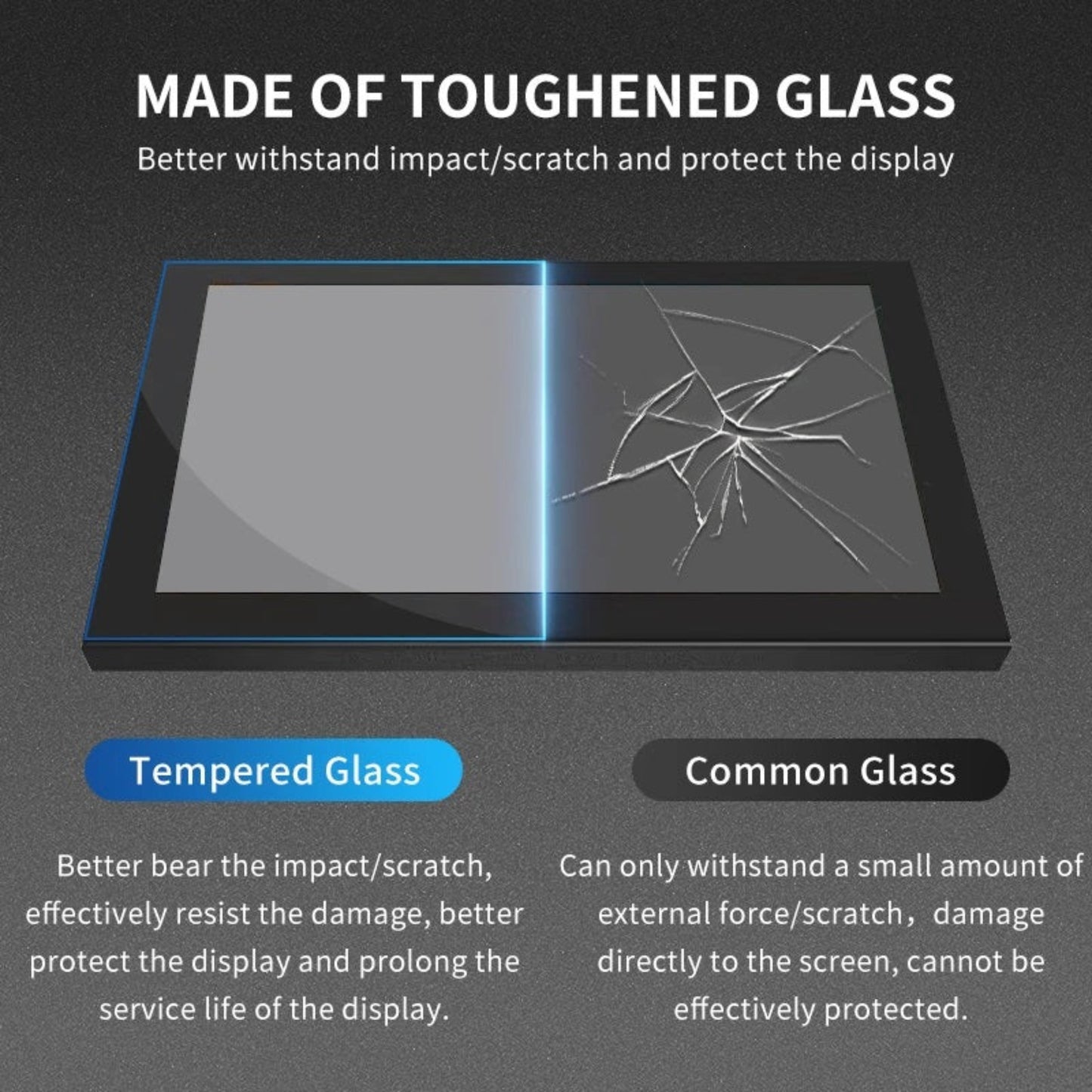 Comparison of tempered glass vs common glass durability and protection for displays.