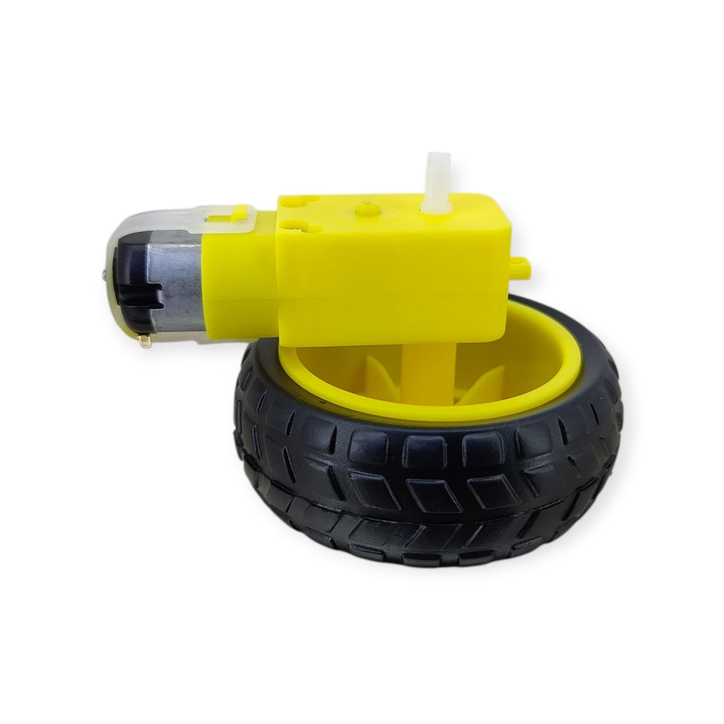 A 3-6V yellow DC gear motor assembled and attached to a 70mm yellow and black robot wheel.