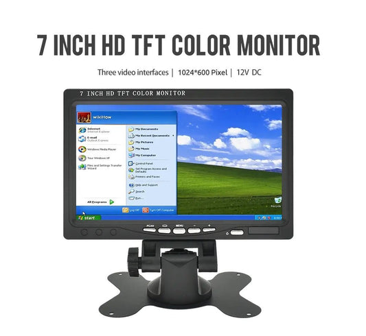 7 inch HDMI VGA AV LCD monitor displaying Windows interface with 1024x600 resolution, ideal for CCTV and mini TV use.