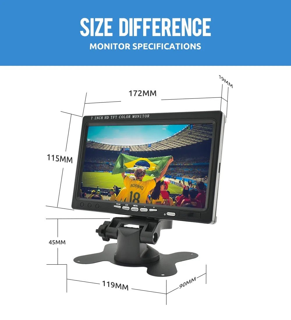 7 inch HD TFT color monitor specifications showing size difference with dimensions labeled in mm.
