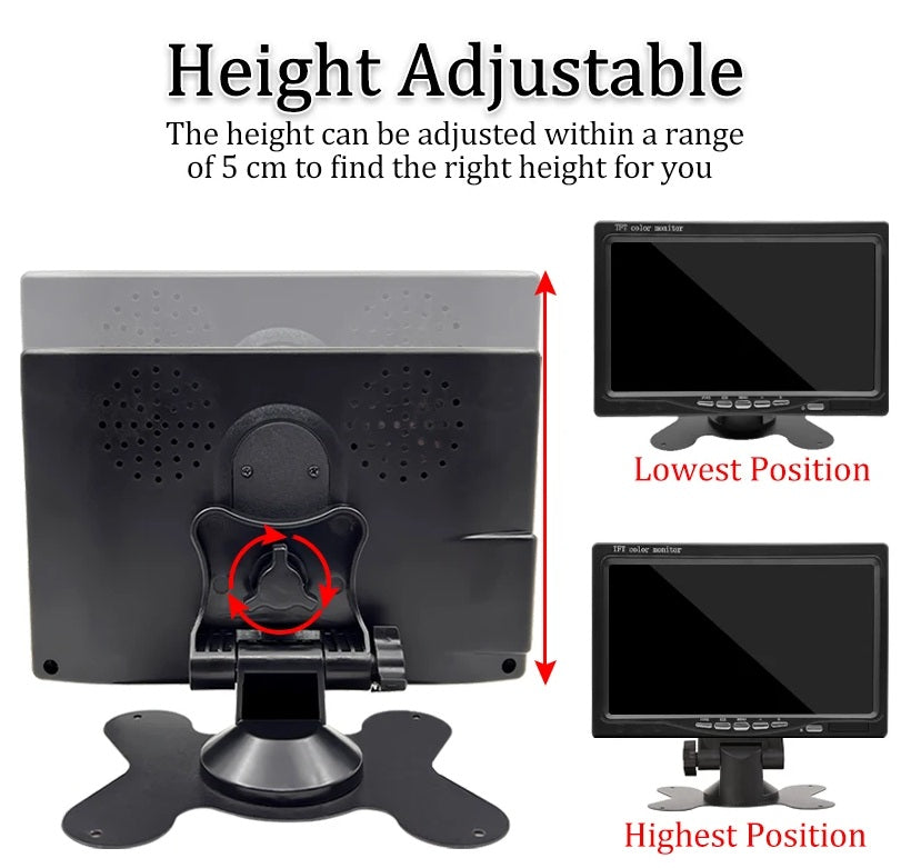 Illustration showing the height-adjustable feature of the 7-inch CCTV monitor's stand, demonstrating a 5 cm range of vertical movement to achieve the optimal viewing position for security monitoring.