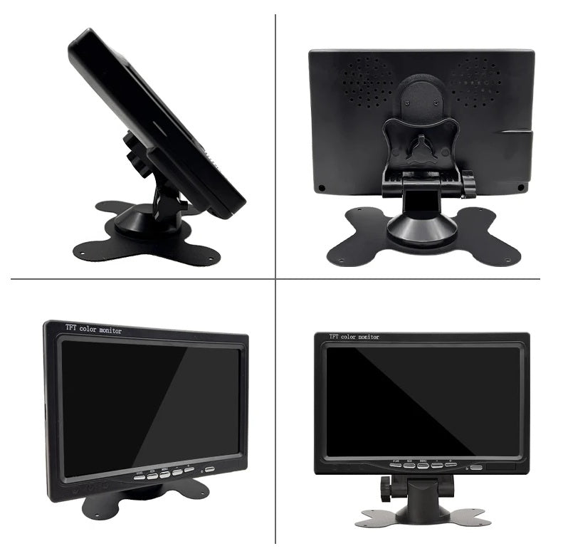 A collage of four images showcasing different views of the 7-inch CCTV monitor and its adjustable stand, emphasizing its compact design and versatile mounting options for security applications.