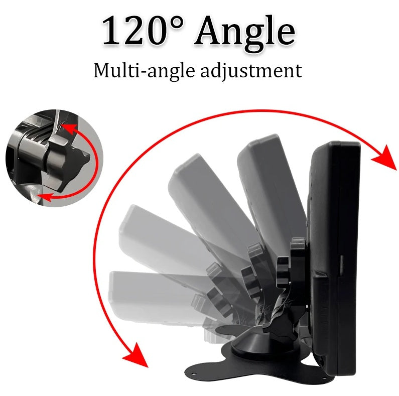 Diagram illustrating the 120-degree multi-angle adjustment of the 7-inch CCTV monitor's mounting bracket, allowing for flexible positioning to suit various surveillance needs.