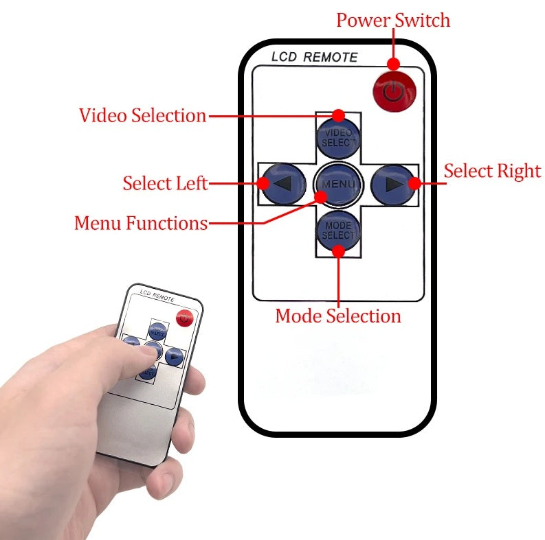 Close-up of the remote control included with the 7-inch CCTV monitor, highlighting buttons for power, video selection, menu functions, mode selection, and directional navigation for easy operation of the security display.