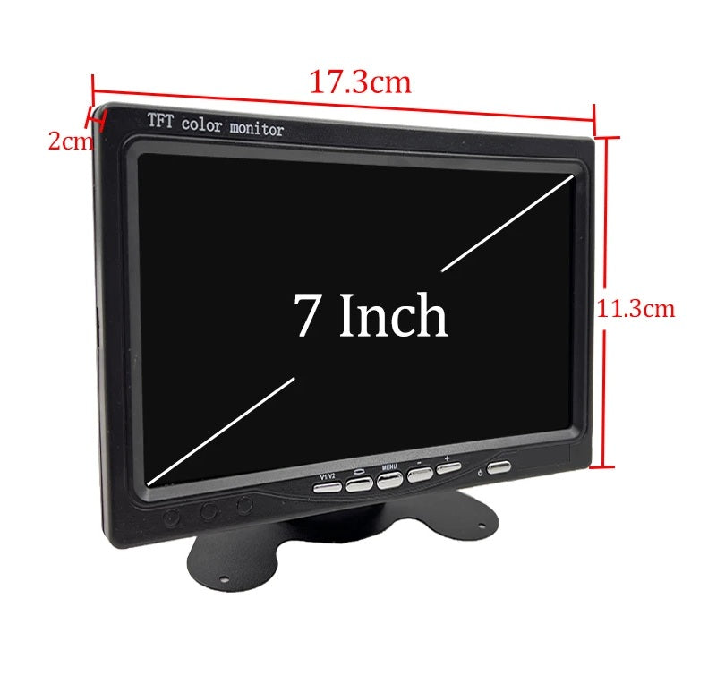 Dimension diagram of the 7-inch CCTV monitor, indicating the screen size, width (17.3cm), height (11.3cm), and bezel thickness (2cm) for installation planning in security setups.
