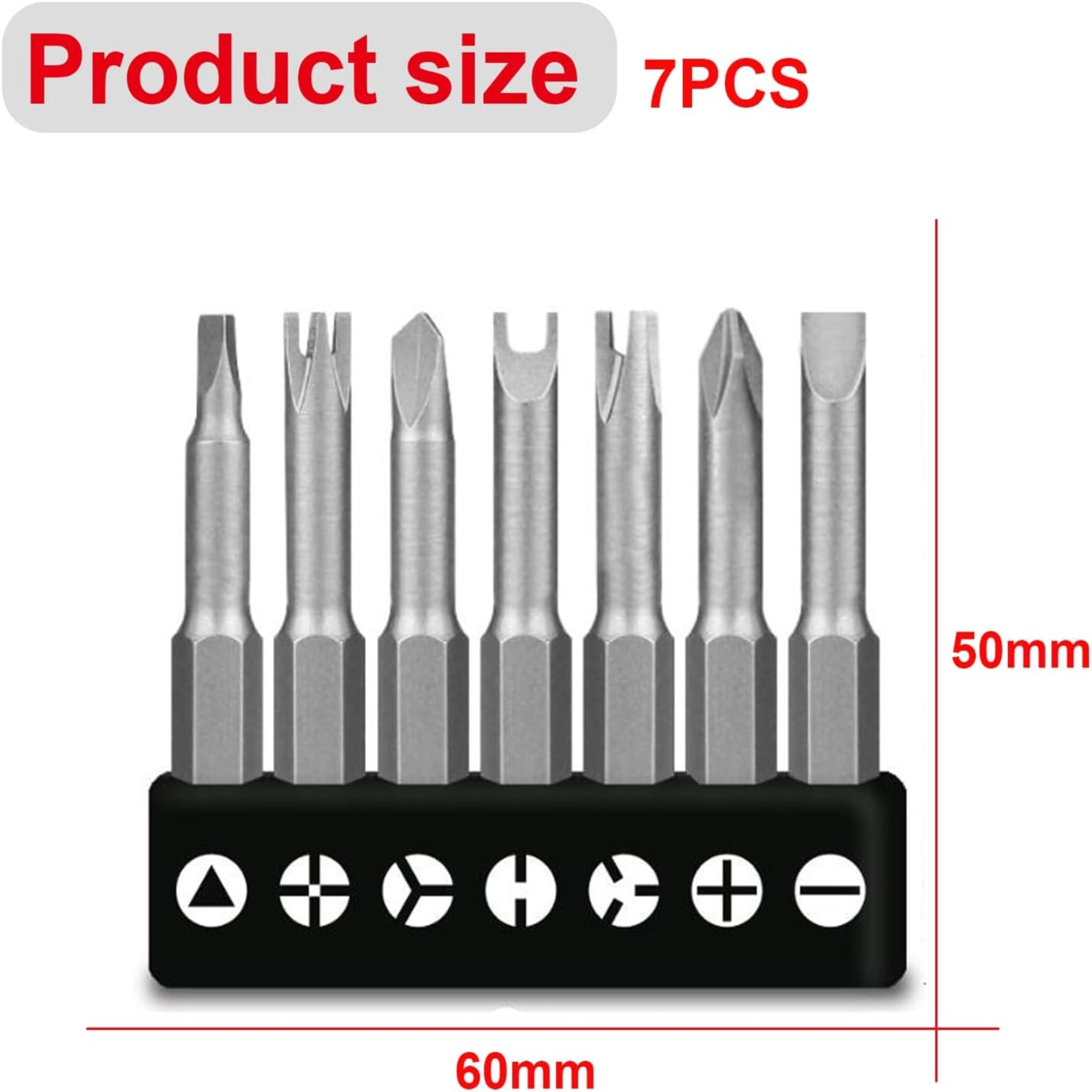 7pcs special shaped screwdriver bit set showcasing various head designs, 50mm length, ideal for DIY projects.